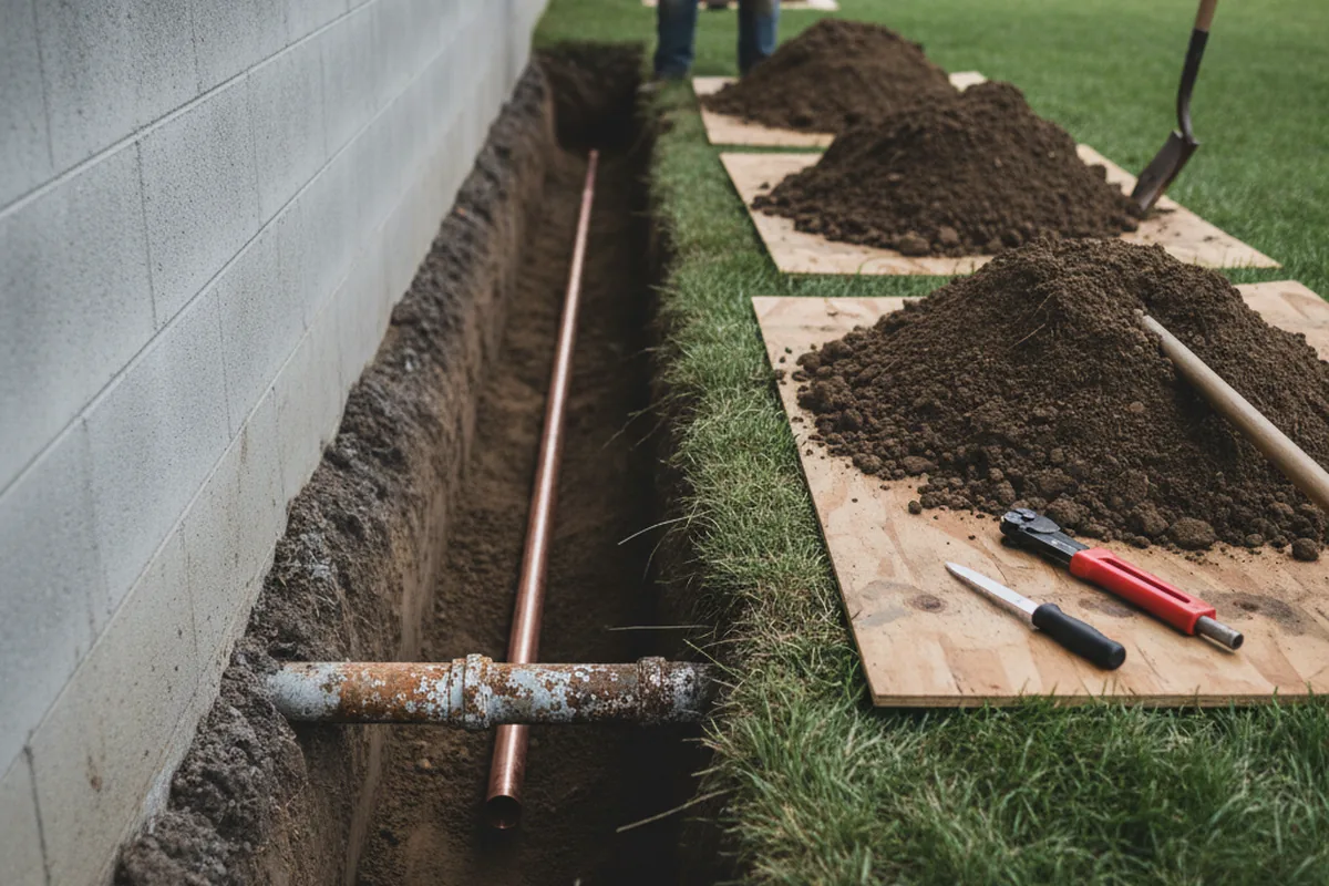 Excavated water line trench during Water Heater Repair in Wilmore